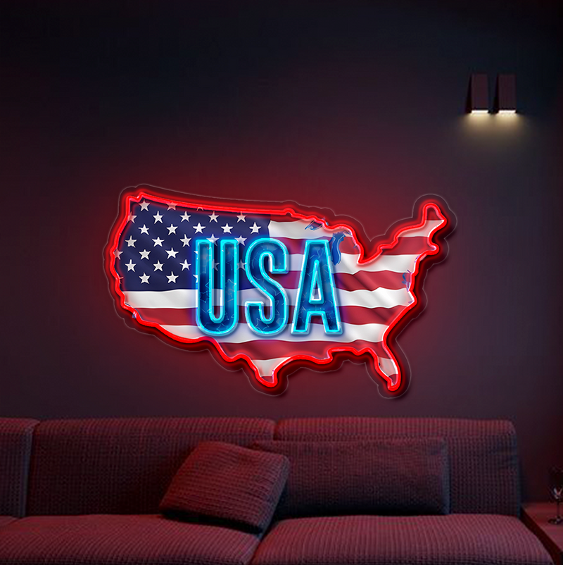 IDEASHOW-USA Flag Map Led Neon Sign Light Neon Print UV-Border Lighting Effects
