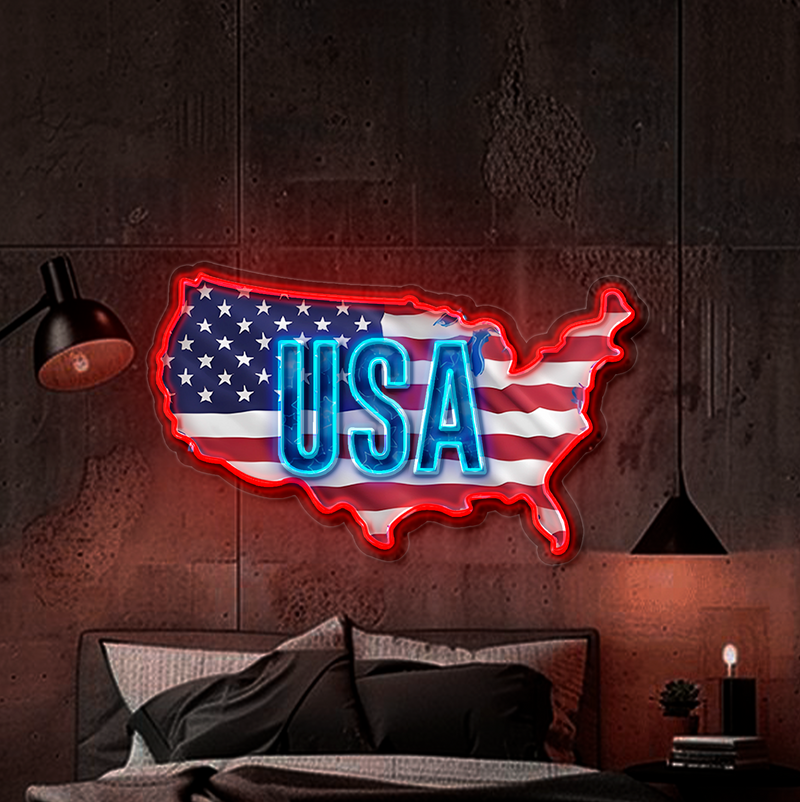 IDEASHOW-USA Flag Map Led Neon Sign Light Neon Print UV-Border Lighting Effects
