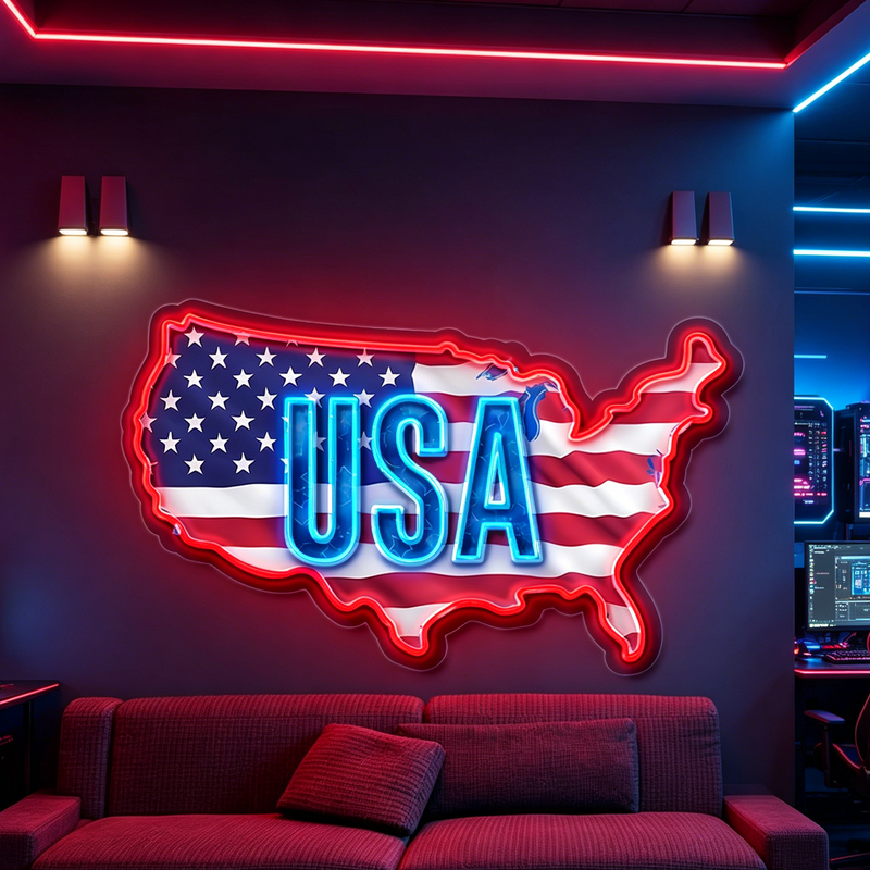 IDEASHOW-USA Flag Map Led Neon Sign Light Neon Print UV-Border Lighting Effects