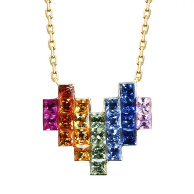Aureline-Jewelry NOZBO Invisible Set Heart Necklace with Natural Rainbow Sapphires in 18K Gold
