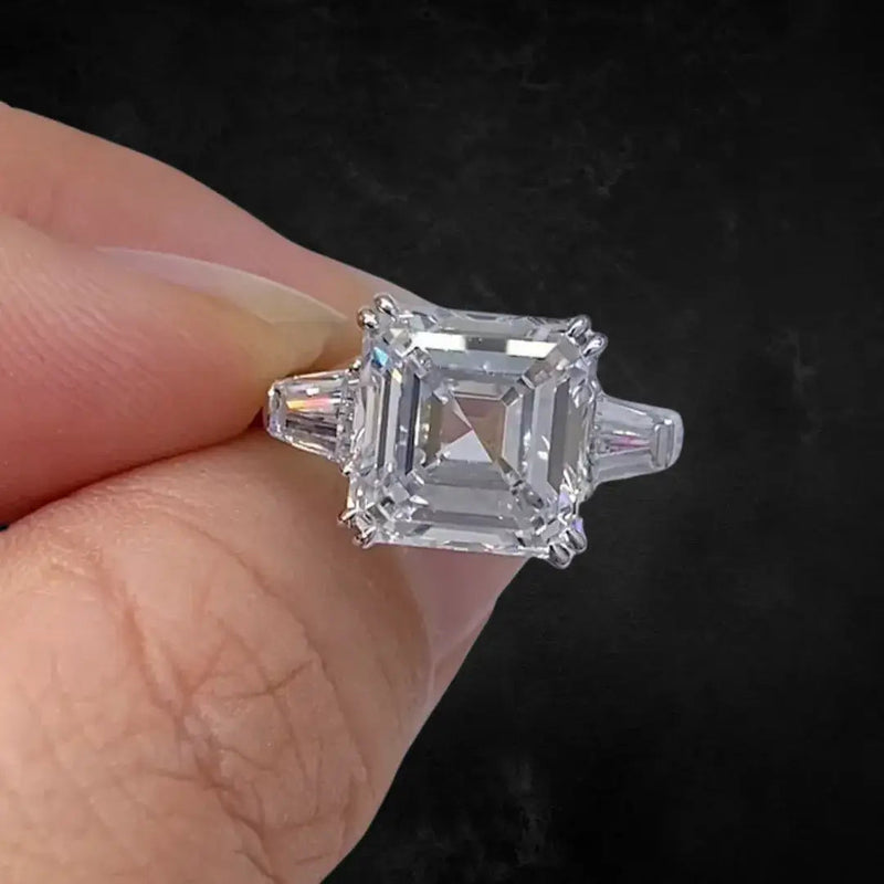 Aureline-Jewelry 5 Carat Asscher Cut Lab Diamond Three Stone Ring