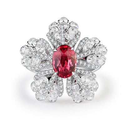 Aureline-Jewelry Lab-Grown Ruby Five-Petal Cocktail Ring In 14K Gold