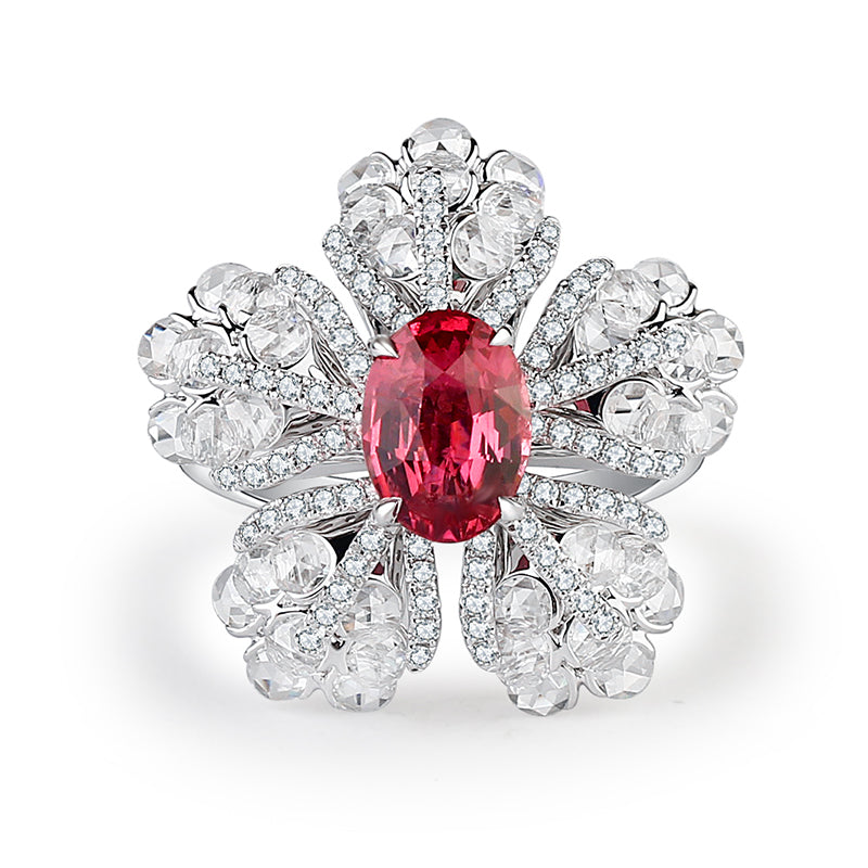 Aureline-Jewelry Lab-Grown Ruby Five-Petal Cocktail Ring In 14K Gold