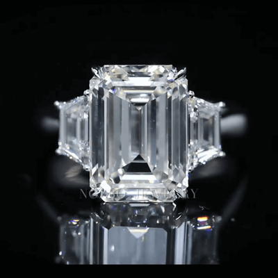 Aureline-Jewelry 7 Carat Emerald Cut Lab Grown Diamond Side Trapezoid Three Stone Diamond Ring