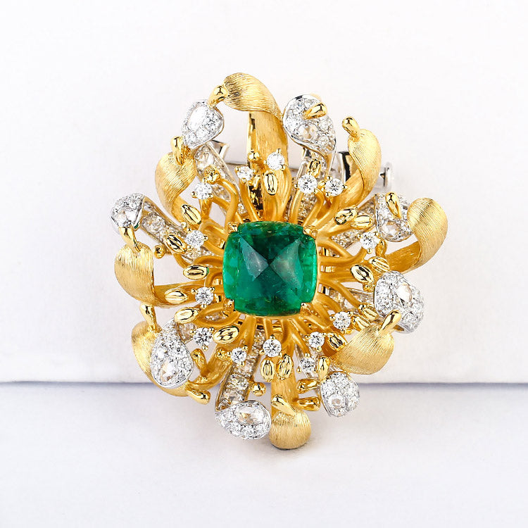 Aureline-Jewelry Lab Grown Emerald and Diamond Brooch 14K Yellow Gold