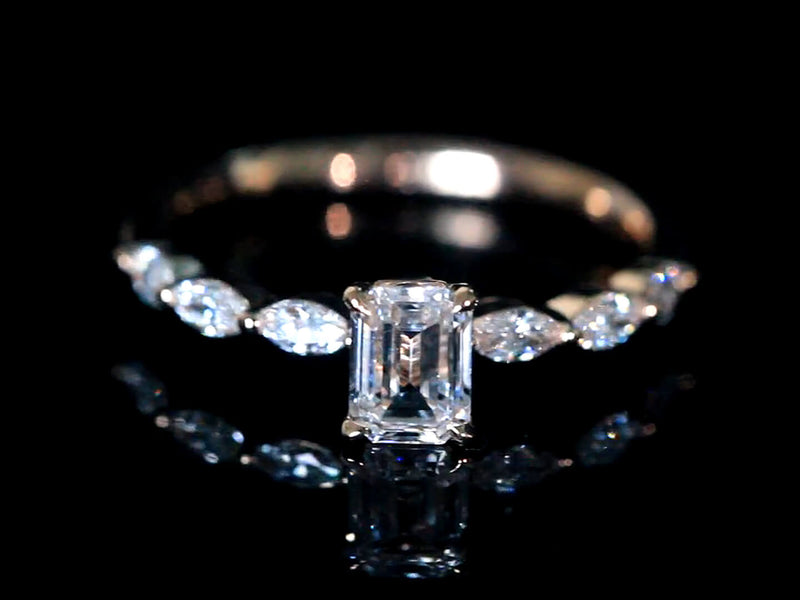 Aureline-Jewelry 0.8CT Emerald Cut Lab Diamond Marquise Side Stone Engagement Ring