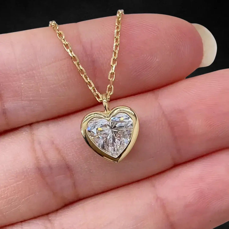 Aureline-Jewelry 1.5 Carat Heart Shape Lab Diamond Solitaire Women Necklace 18K Gold Bezel Set
