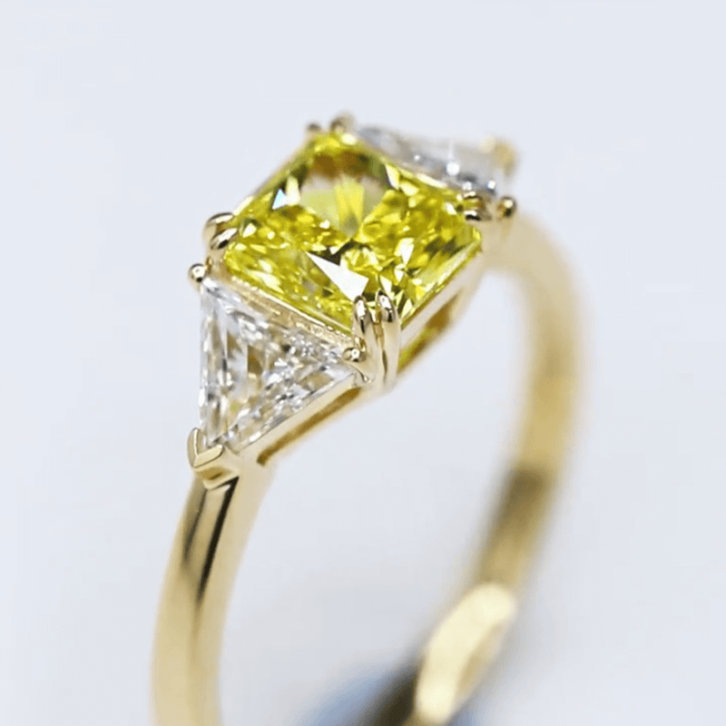 Aureline-Jewelry 1.7 Carat Princess Cut Yellow Lab Diamond Three-Stone Ring 18K Gold