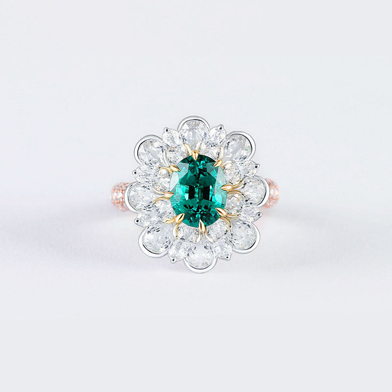 Aureline-Jewelry Oval Cut Lab Ruby And Diamond Halo Cocktail Ring In 14k Gold