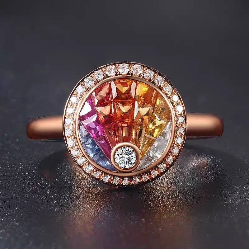 Aureline-Jewelry NOZBO Invisible Set Natural Rainbow Sapphire Statement Ring 18K Rose Gold