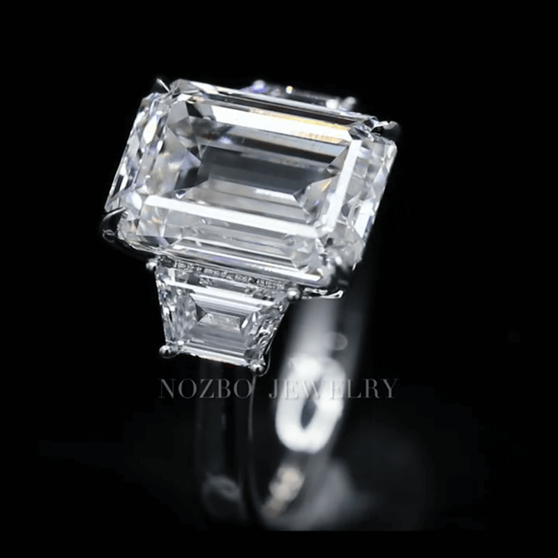Aureline-Jewelry 7 Carat Emerald Cut Lab Grown Diamond Side Trapezoid Three Stone Diamond Ring