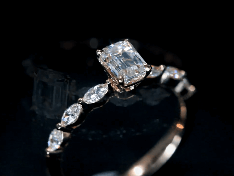 Aureline-Jewelry 0.8CT Emerald Cut Lab Diamond Marquise Side Stone Engagement Ring