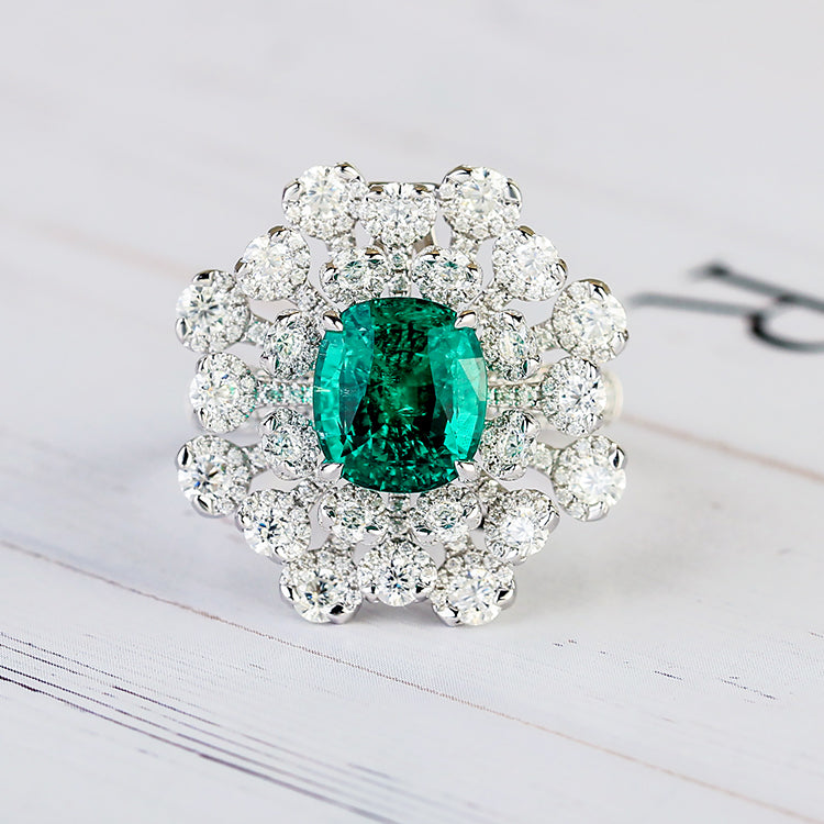 Aureline-Jewelry Lab-Grown Emerald and Diamond Cocktail Ring In 14k Gold