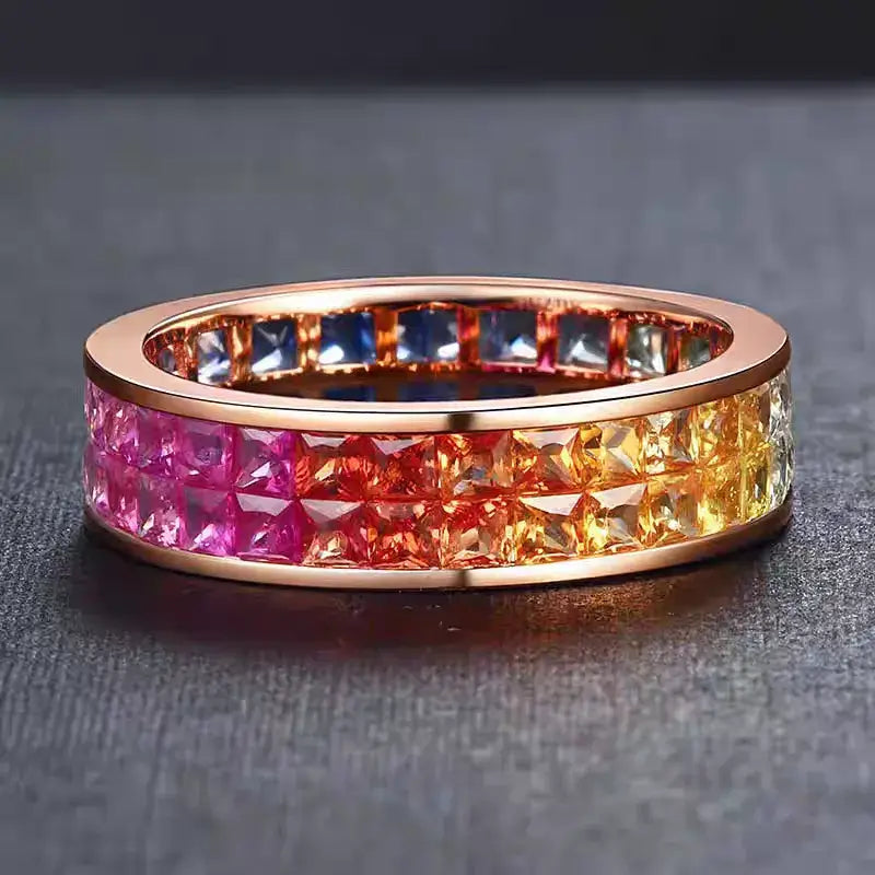 Aureline-Jewelry NOZBO Double Row Rainbow Sapphire Invisible-Set Ring 18K Rose Gold