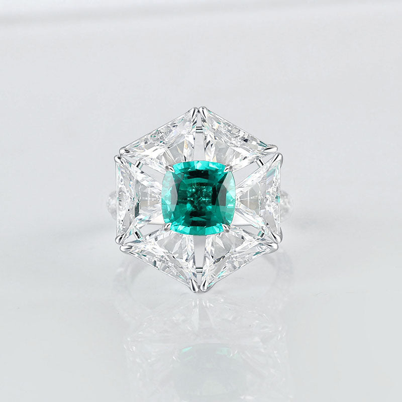 Aureline-Jewelry Lab-Grown Emerald Ring with White Sapphire Mosaic Setting In 14k Gold