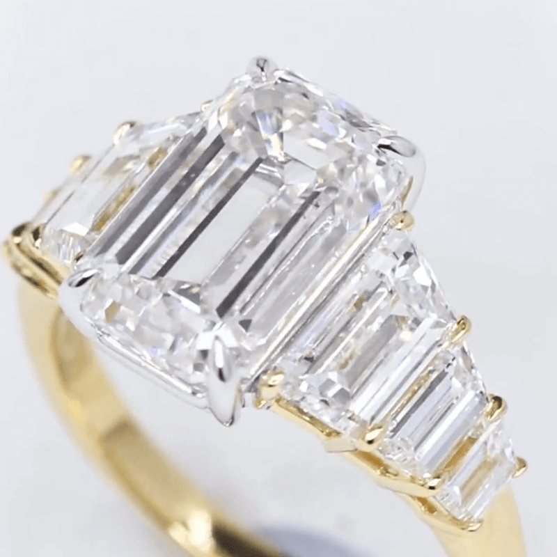 Aureline-Jewelry 4CT Emerald Cut Lab Diamond Seven Stone Ring 18K Gold