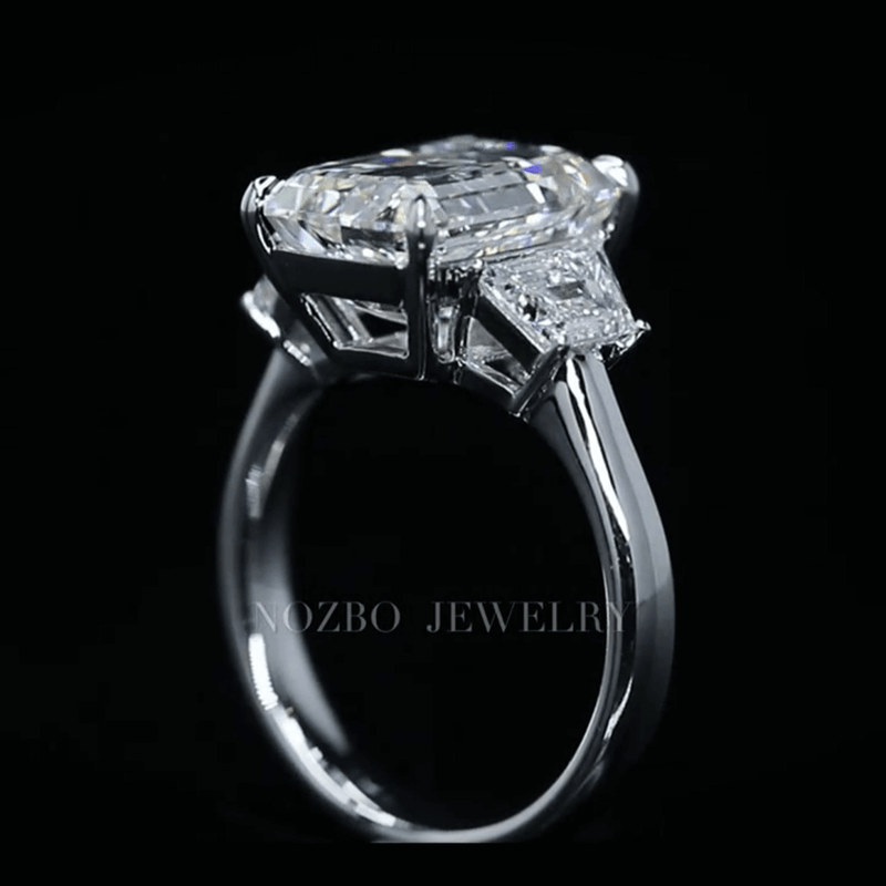 Aureline-Jewelry 7 Carat Emerald Cut Lab Grown Diamond Side Trapezoid Three Stone Diamond Ring