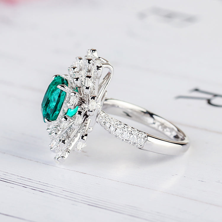 Aureline-Jewelry Lab-Grown Emerald and Diamond Cocktail Ring In 14k Gold