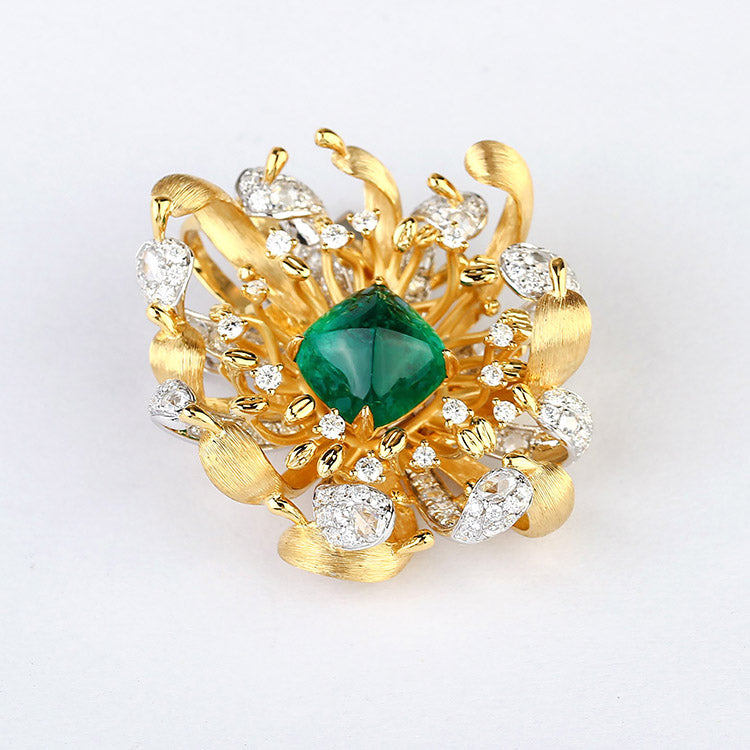 Aureline-Jewelry Lab Grown Emerald and Diamond Brooch 14K Yellow Gold