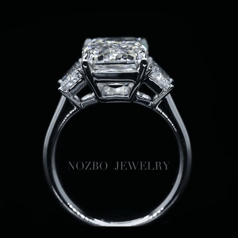 Aureline-Jewelry 7 Carat Emerald Cut Lab Grown Diamond Side Trapezoid Three Stone Diamond Ring