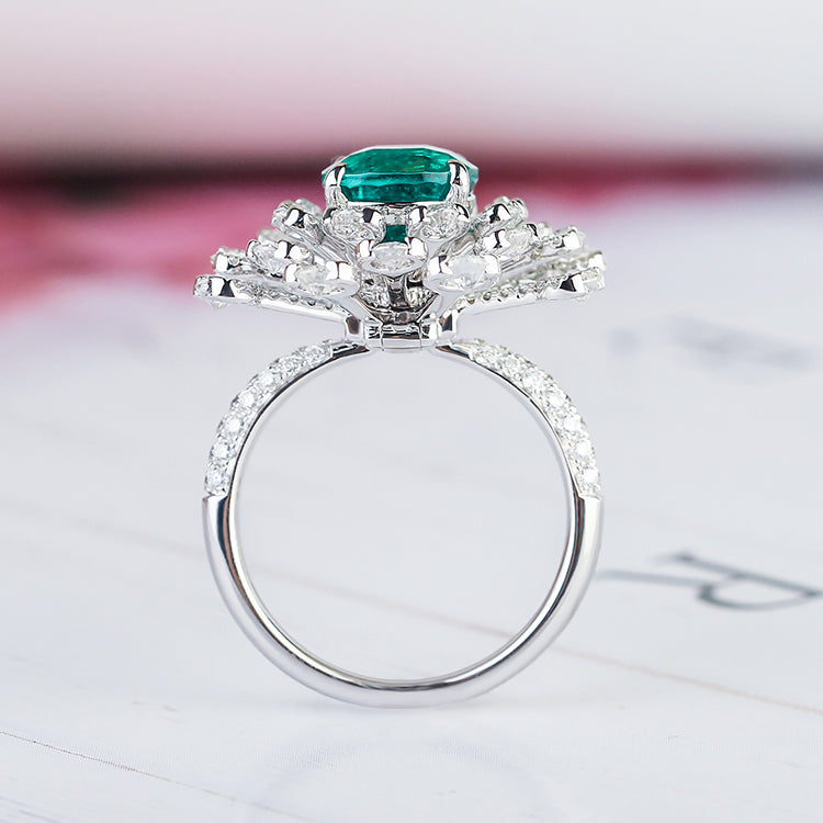 Aureline-Jewelry Lab-Grown Emerald and Diamond Cocktail Ring In 14k Gold