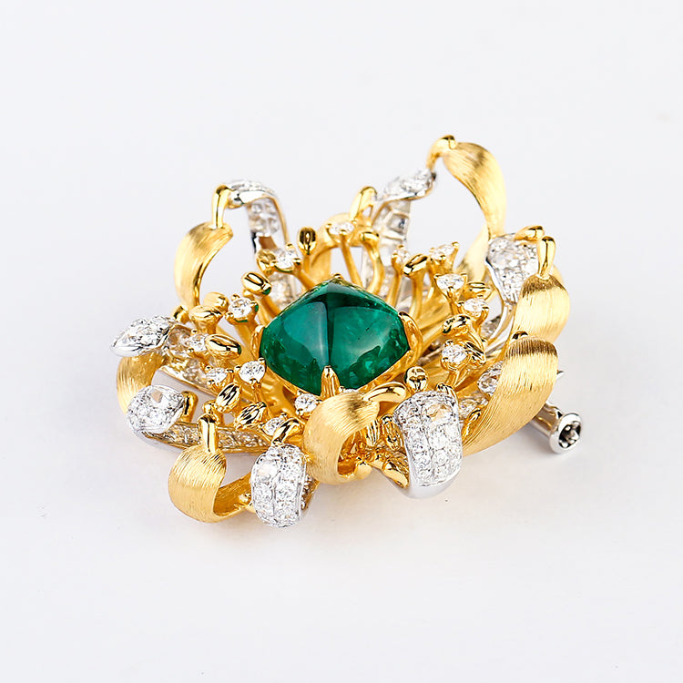 Aureline-Jewelry Lab Grown Emerald and Diamond Brooch 14K Yellow Gold