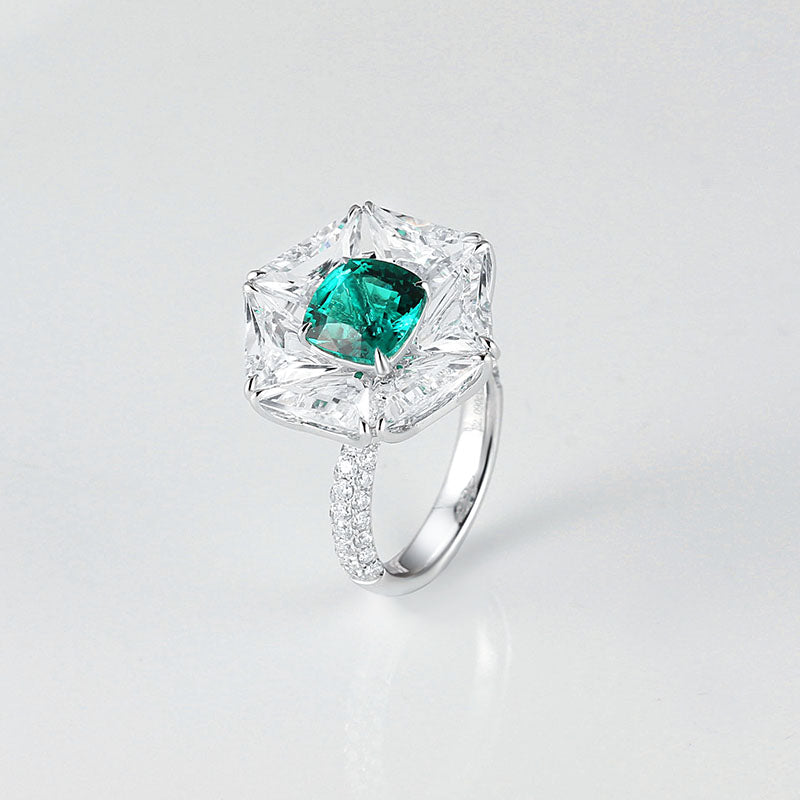Aureline-Jewelry Lab-Grown Emerald Ring with White Sapphire Mosaic Setting In 14k Gold