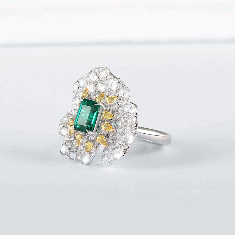 Aureline-Jewelry 2in1 Convertible Green Lab Emerald Diamond Ring&Pendant 14K Gold