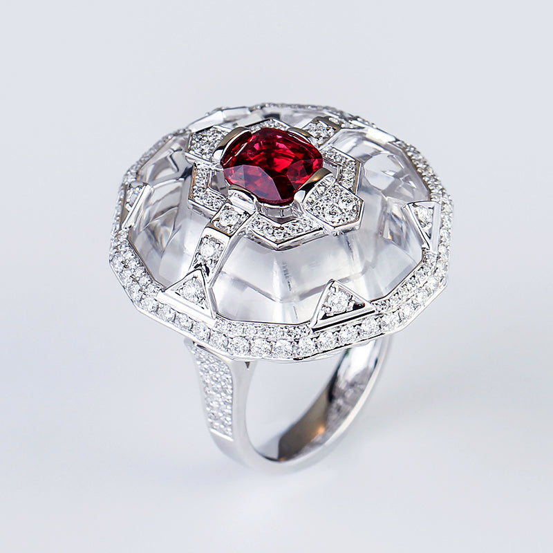 Aureline-Jewelry Lab Grown Ruby And Diamond White Crystal Ring 14K Gold