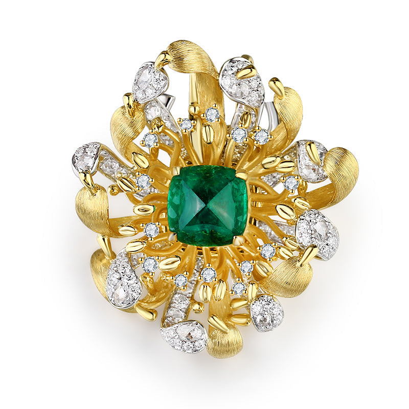 Aureline-Jewelry Lab Grown Emerald and Diamond Brooch 14K Yellow Gold