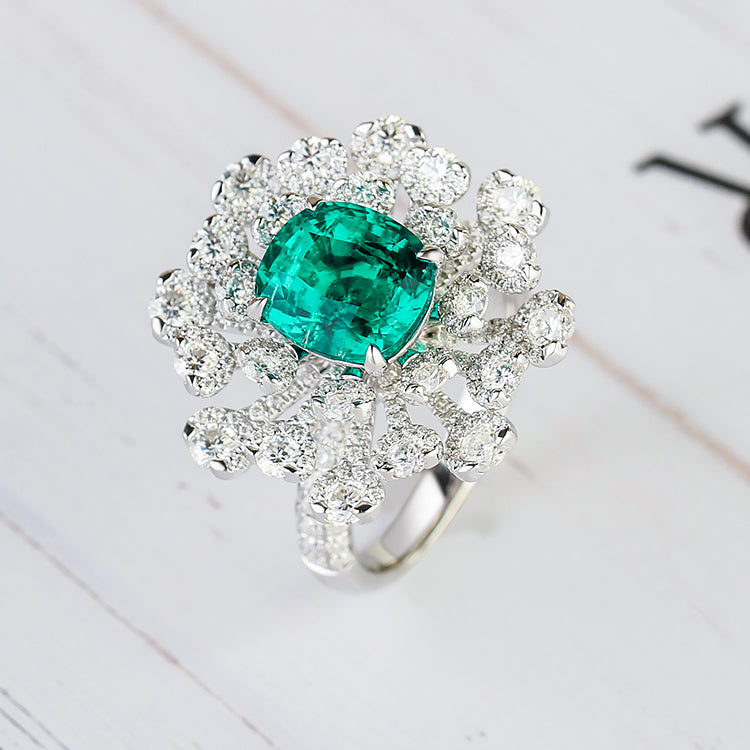 Aureline-Jewelry Lab-Grown Emerald and Diamond Cocktail Ring In 14k Gold