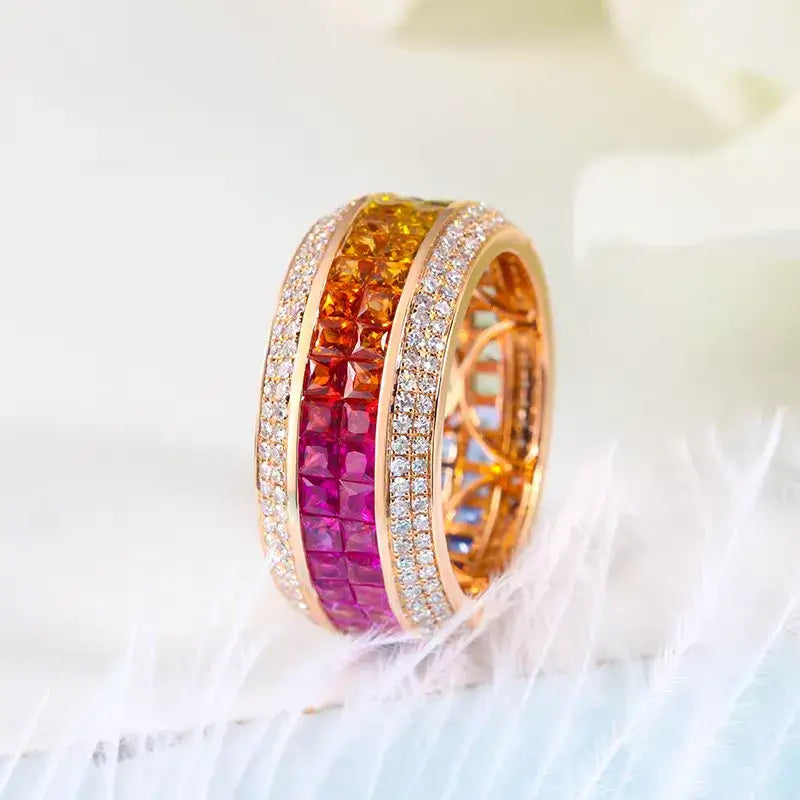 Aureline-Jewelry Natural Sapphire Rainbow Band Invisible-Setting with Diamonds in 18K Gold