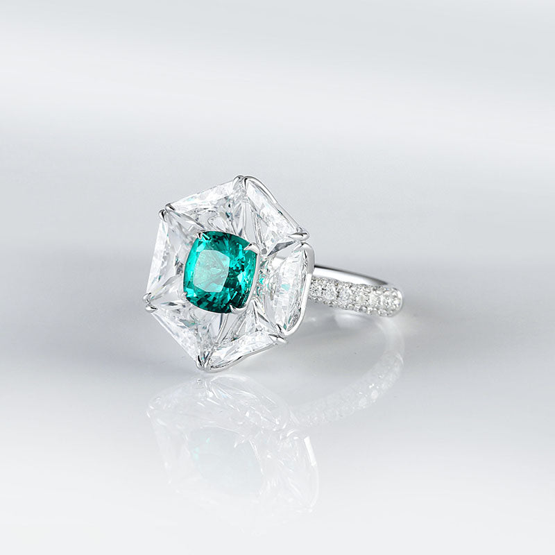 Aureline-Jewelry Lab-Grown Emerald Ring with White Sapphire Mosaic Setting In 14k Gold